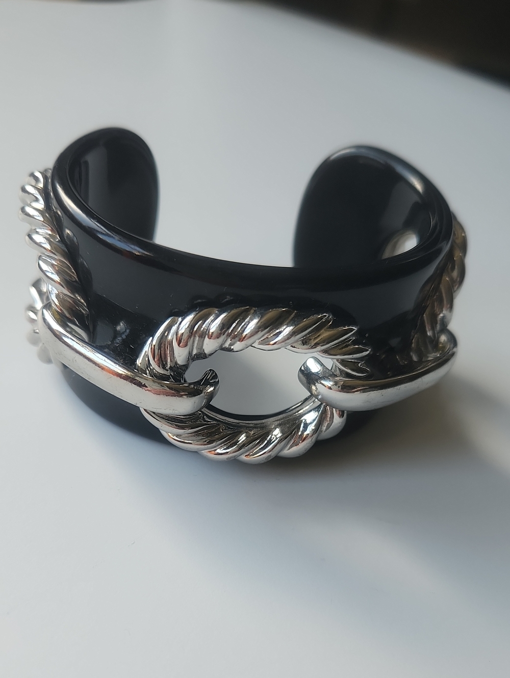 Black Resin Cuff Bracelet with Silver Rope Accent